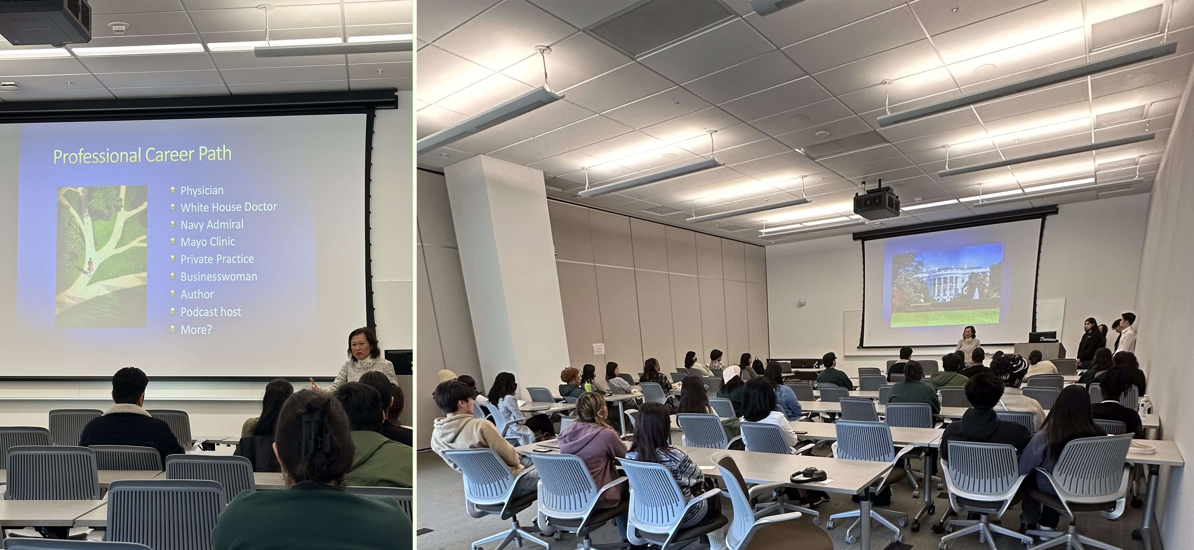 (Left) Dr. Connie Mariano, MD (Former White House Physician) giving the opening keynote speech. (Right) Attendees listening to the opening keynote at the 2023 Minorities in Health Conference on April 16, 2023.