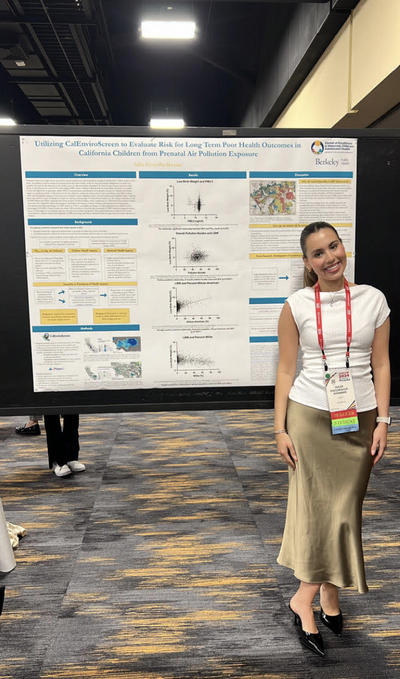 Julia Piccirillo-Stosser standing in front of her AMCHP poster titled "Utilizing CalEnviroScreen to Evaluate Risk for Long Term Poor Health Outcomes in California Children from Prenatal Air Pollution Exposure"